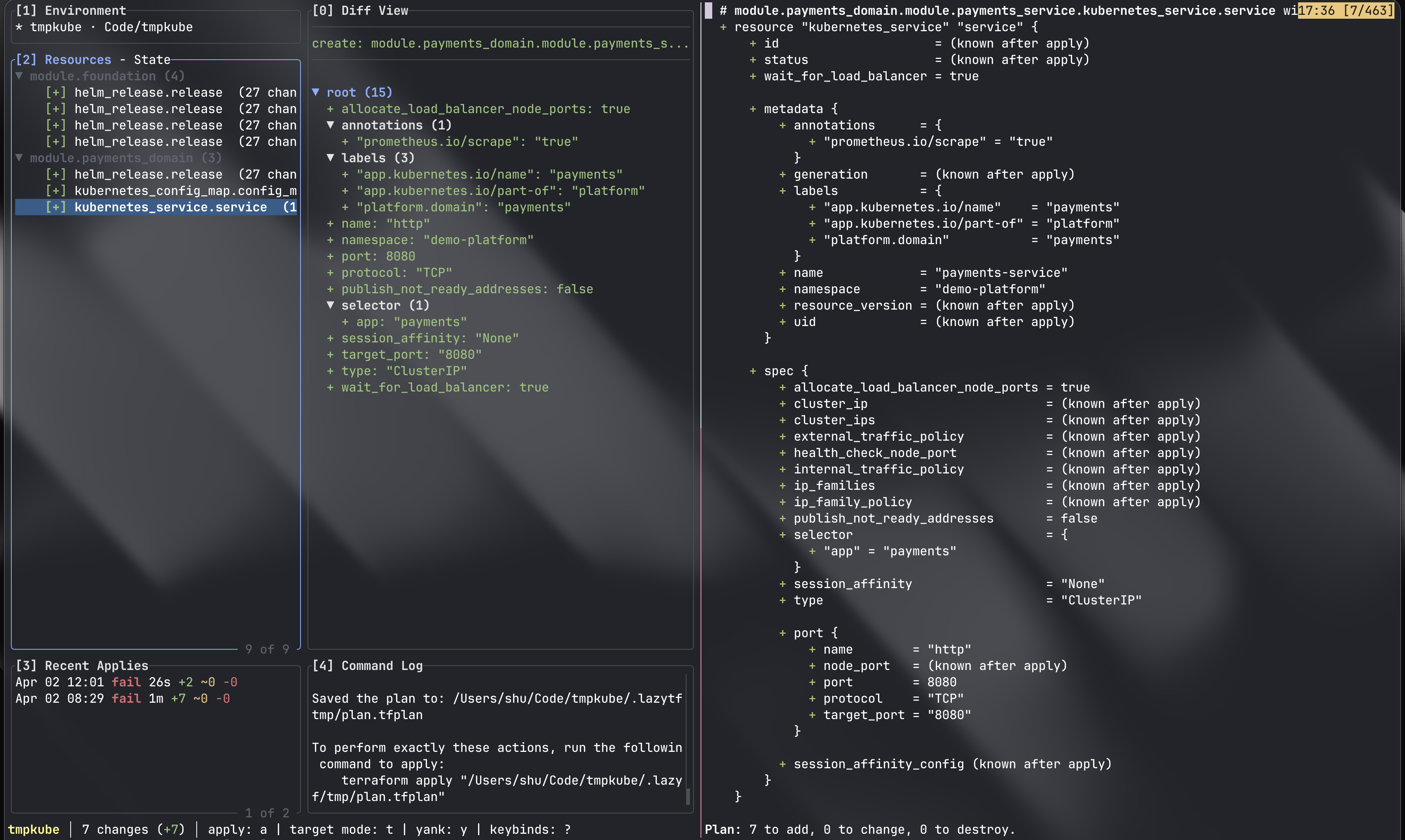 Side-by-side comparison of lazytf and Terraform CLI output
